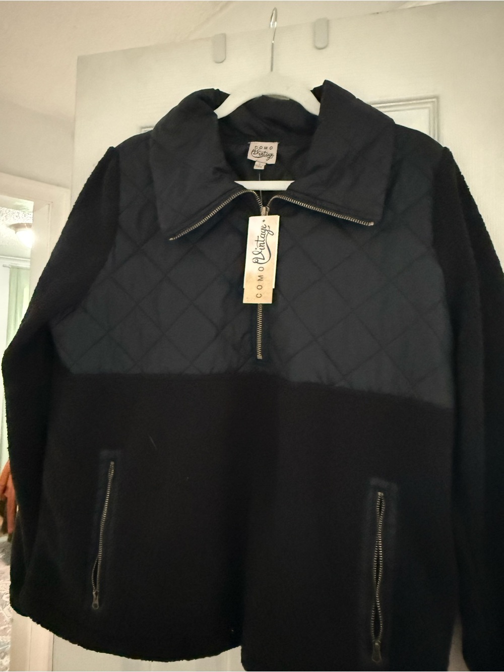 Como Vintage Black Quilted Panel Half-Zip Sherpa Jacket